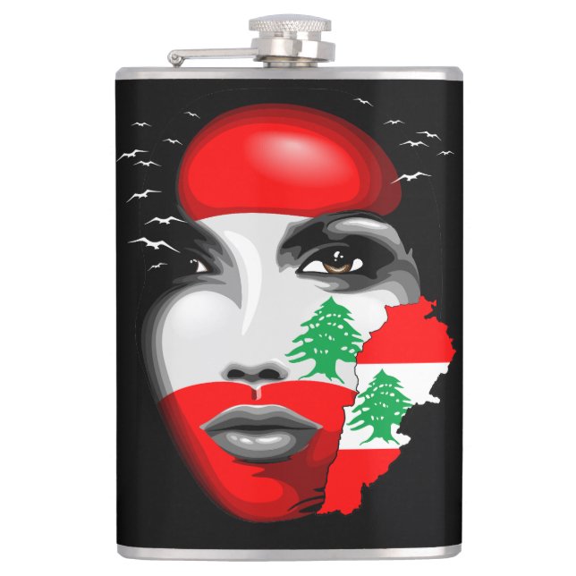 Libanonflagge und -karte im Gesicht eines Mädchens Flachmann (Vorderseite)