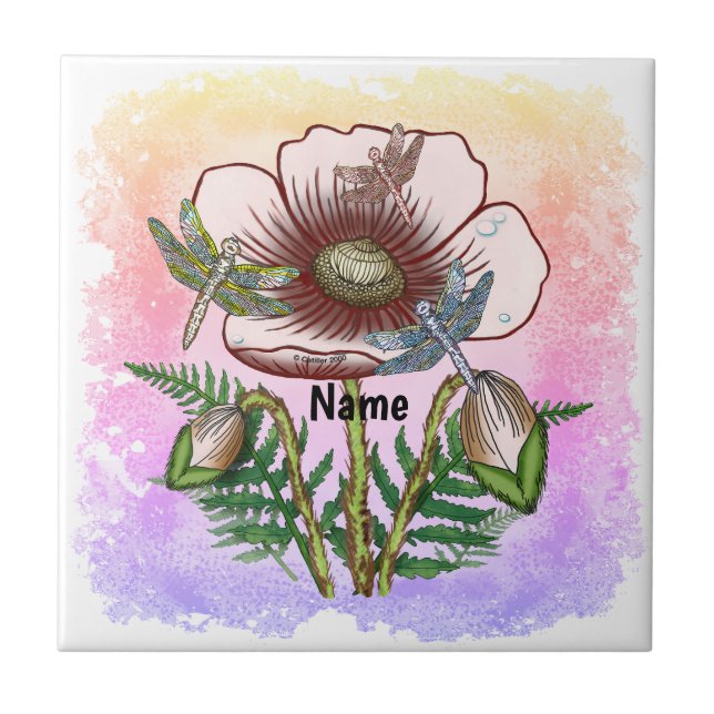 Libelle Blasse Mohnblume  Fliese (Vorderseite)