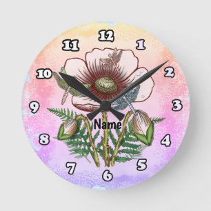 Libelle Blasse Mohnblume Runde Wanduhr