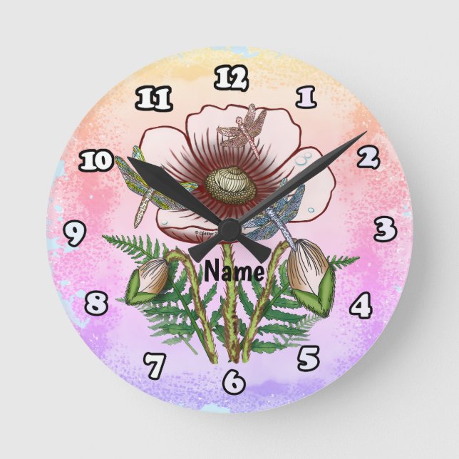 Libelle Blasse Mohnblume  Runde Wanduhr (Vorderseite)