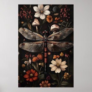 Libelle Dark Academia Druck, Düstere Blumen Garten Poster