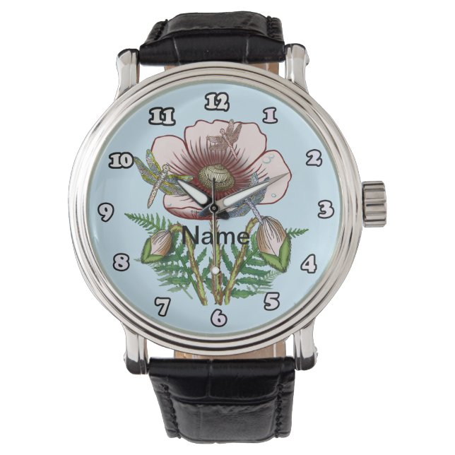 Libelle Hellrote Mohnuhr Armbanduhr (Vorderseite)