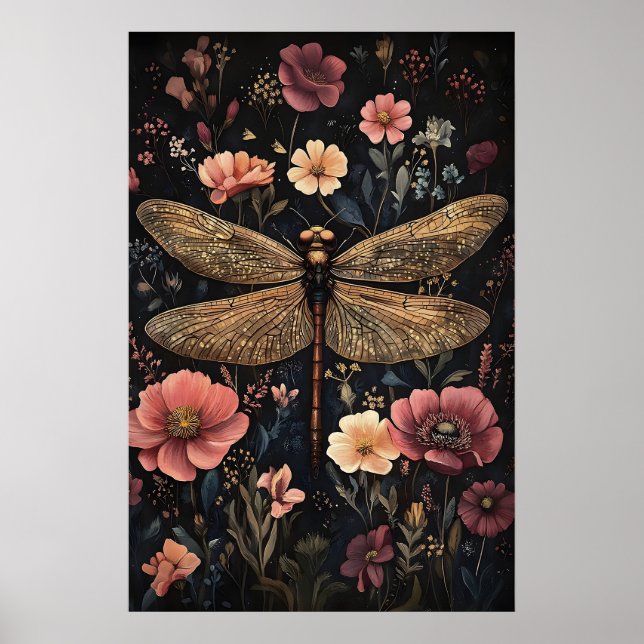 Libelle im dunklen Blumengarten, melancholische Li Poster (Vorne)