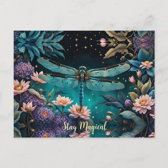 Libelle in einem Blumen Garten bei Nacht Postkarte (Vorderseite)