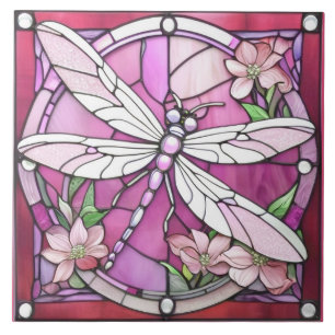 Libelle Magenta Rosa und Weiß Buntglas Fliese
