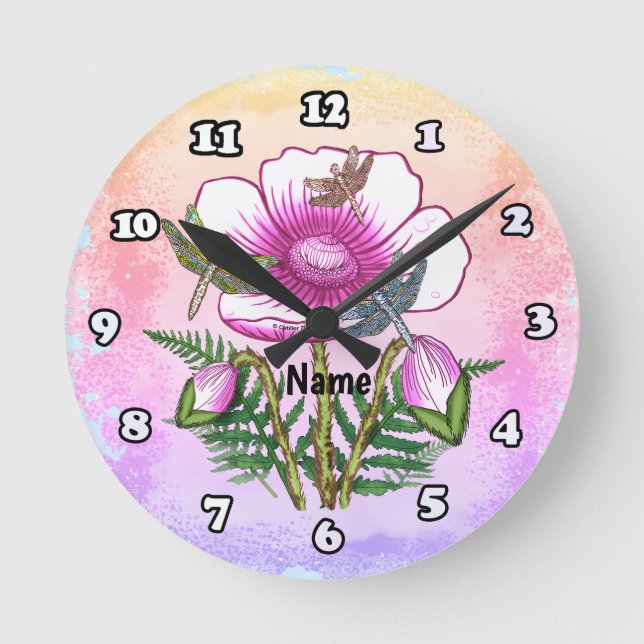 Libelle Pink Mohnblume Runde Wanduhr (Vorderseite)