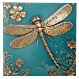 Libelle Türkis Türkis & Faux Gold Faux Relief Fliese