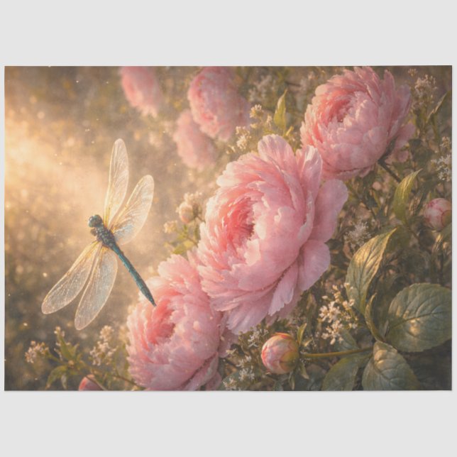 Libelle über rosa Pfingstrosen Frühlingsgarten  Seidenpapier (Vorderseite)