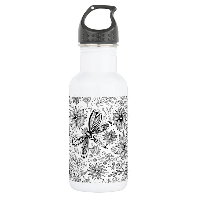 Libelle und Blume-Doodle Edelstahlflasche (Vorderseite)