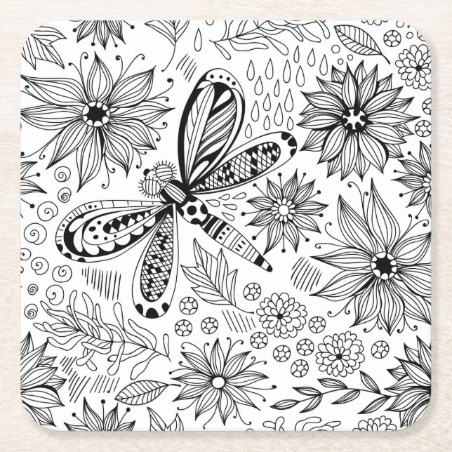 Libelle und Blume-Doodle Rechteckiger Pappuntersetzer (Vorderseite)