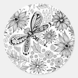 Libelle und Blume-Doodle Runder Aufkleber