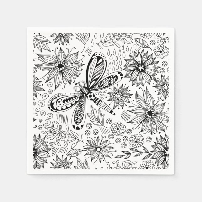 Libelle und Blume-Doodle Serviette (Vorderseite)