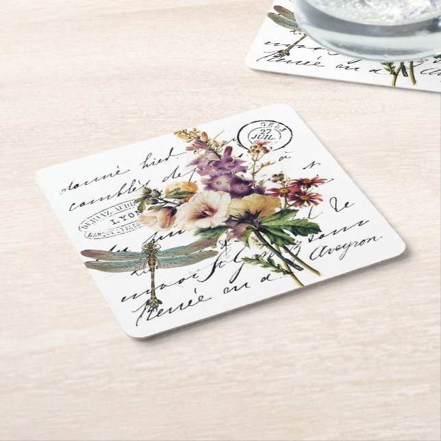 Libelle und Blumen Rechteckiger Pappuntersetzer (angewinkelt)