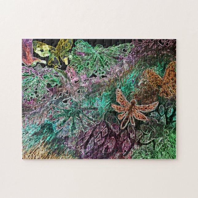 Libelle und Schmetterlingsneon mit Blumen Puzzle (Horizontal)