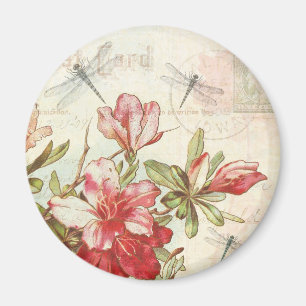 Libelle Vintage-Blumen Rot Azaleen Magnet