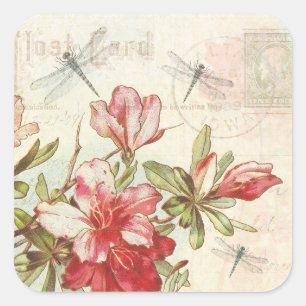 Libelle Vintage-Blumen Rot Azaleen Quadratischer Aufkleber