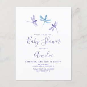 Libellen-Aquarell Lila Blau Baby Shower Postkarte
