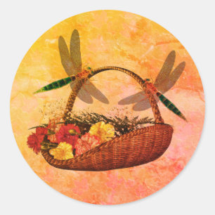 Libellen auf Blume Basket Nature Art Runder Aufkleber