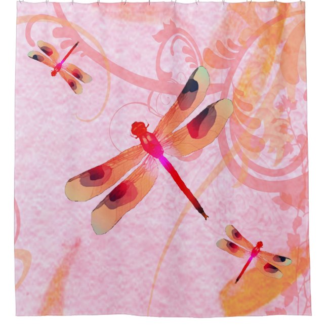 Libellen auf dem rosa Duschvorhang (Vorderseite)