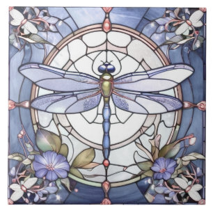 Libellen Blau und Weiß Buntglas-Blume Fliese