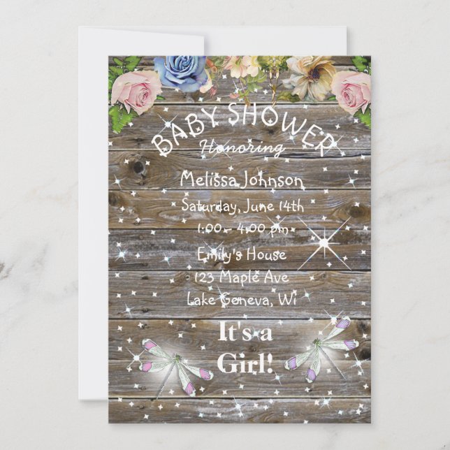 Libellen, Blume und Glitzern Kinderdusche Einladung (Vorderseite)