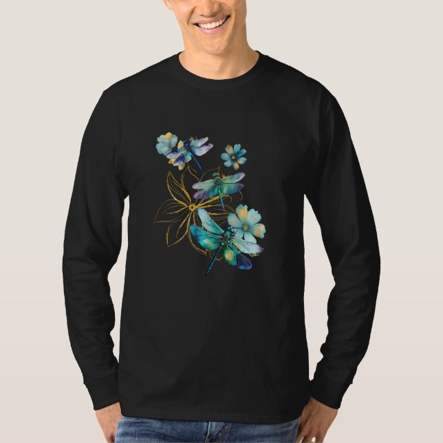 Libellen Blumen Wasserfarbe Farbige Florale Dra T-Shirt (Vorderseite)