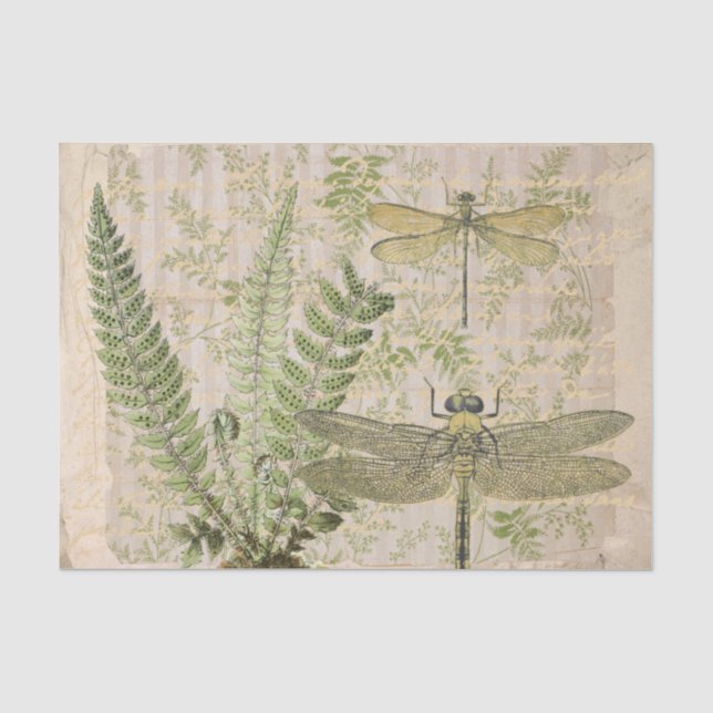 Libellen-Farn-Französisches-Script-Decoupage-Vinta Seidenpapier (Vorderseite)