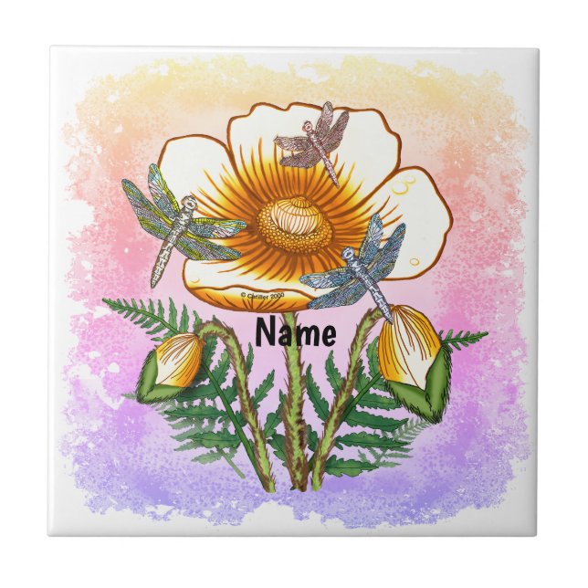 Libellen-Gelber Mohn  Fliese (Vorderseite)