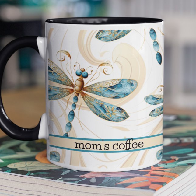Libellen im Flugmuster in Aqua und Gold Tasse (Cute dragonfly pattern on two toned customizable coffee mug in aqua and gold for Mother's Day. )