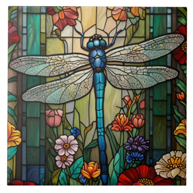 Libellen-Kunstmalerei botanischer Boho-Chic-Wald Fliese (Vorderseite)