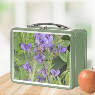 Libellen mit blauen Augen auf violetten Blumen Metall Brotdose