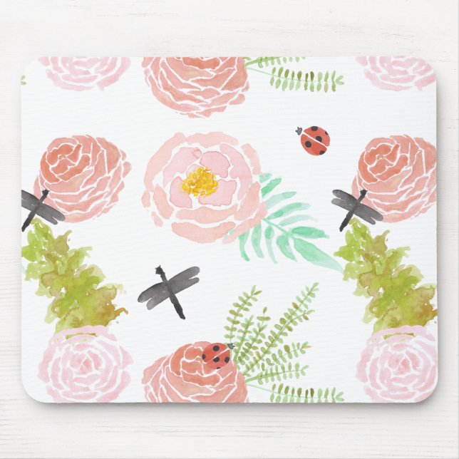 Libellen-Rosenwatercolor-Garten Mousepad (Vorne)
