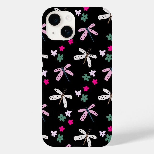 Libellen und Blume auf schwarz Case-Mate iPhone Hülle (Rückseite)