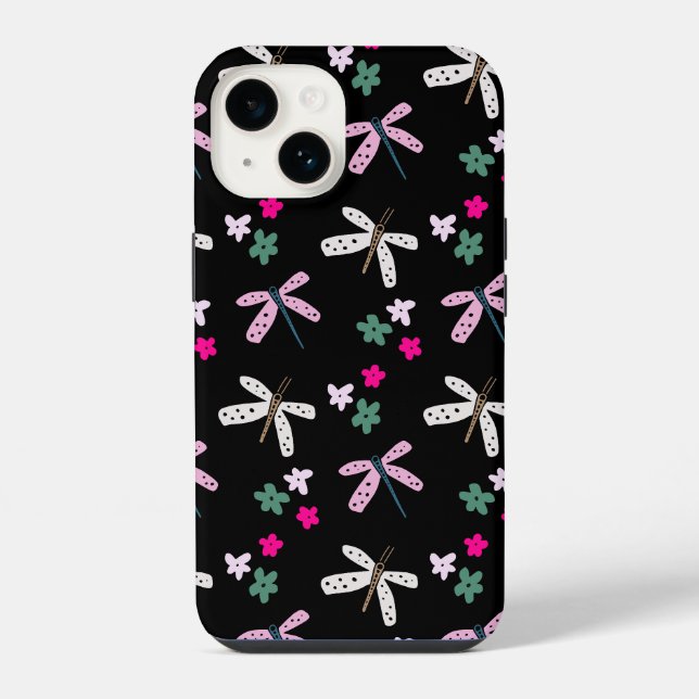 Libellen und Blume auf schwarz iPhone Hülle (Rückseite)