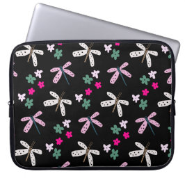 Libellen und Blume auf schwarz Laptopschutzhülle