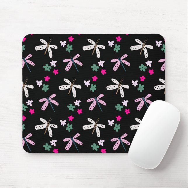 Libellen und Blume auf schwarz Mousepad (Mit Mouse)