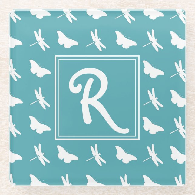 Libellen- und Schmetterlingsmuster-Monogramm Glasuntersetzer (Vorderseite)