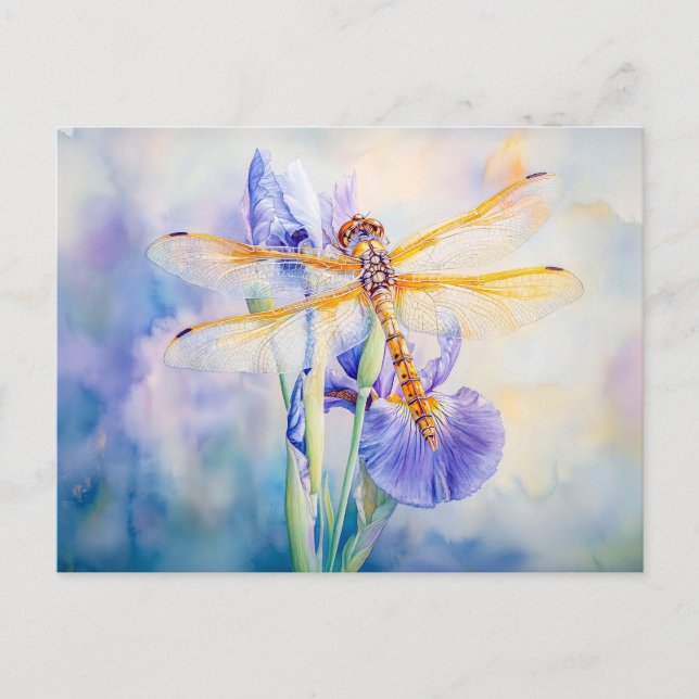 Libellenfliege auf einem lily watercolor-Gemälde Postkarte (Vorderseite)