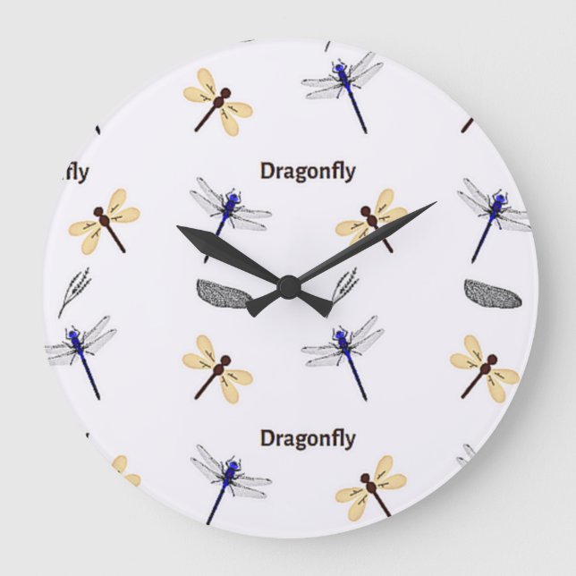 Libellenmuster auf Weiß Große Wanduhr (Vorderseite)