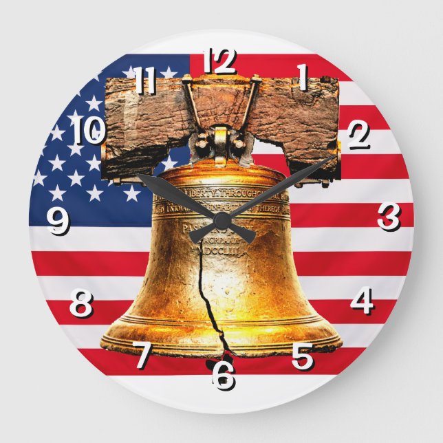 Liberty Bell über Flagge  Große Wanduhr (Vorderseite)
