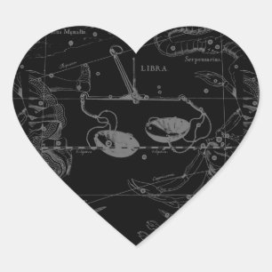 Libra Constellation Hevelius 1690 Karte auf Schwar Herz-Aufkleber