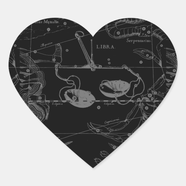 Libra Constellation Hevelius 1690 Karte auf Schwar Herz-Aufkleber (Vorderseite)