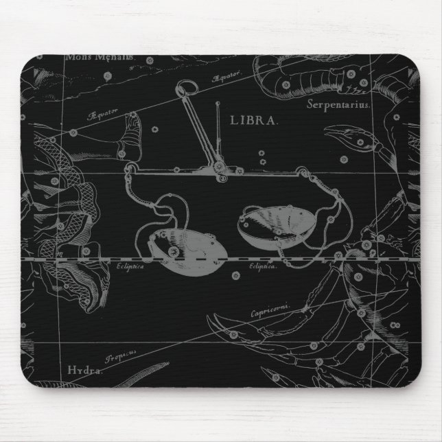 Libra Constellation Hevelius 1690 Karte auf Schwar Mousepad (Vorne)