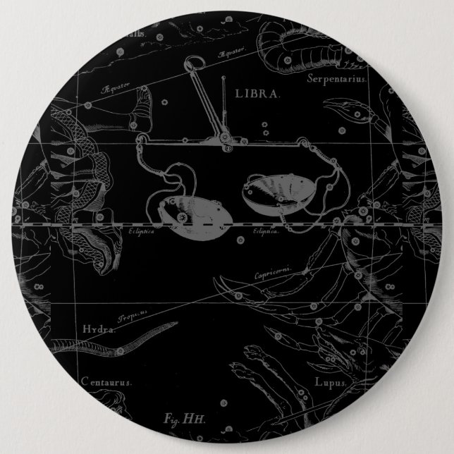 Libra Constellation Map Hevelius 1690 auf Schwarz Button (Vorderseite)