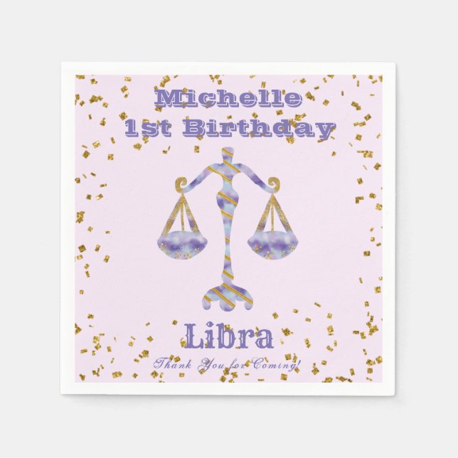 Libra First Birthday & Gold Confetti Serviette (Vorderseite)