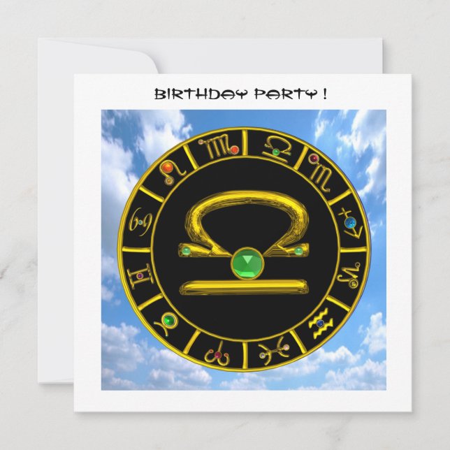 LIBRA GOLD ZODIAC BIRTHDAY JEWEL, Astrologie Chart Einladung (Vorderseite)