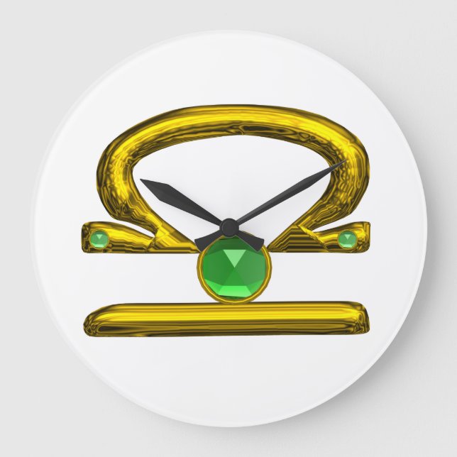LIBRA ZODIAC BIRTHDAY JEWEL Emerald,Gold ,white Große Wanduhr (Vorderseite)
