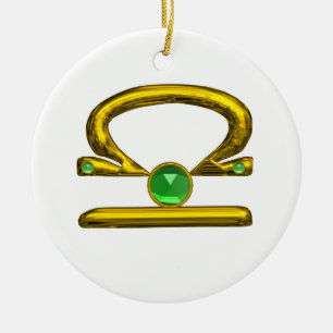 LIBRA ZODIAC BIRTHDAY JEWEL GREEN EMERALD Gold Keramik Ornament