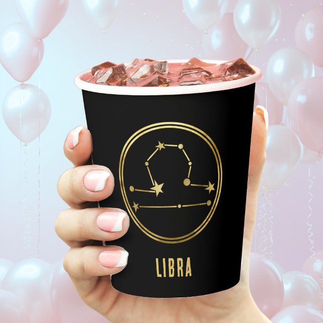 Libra Zodiac Sign Astrologie Gold & Black Pappbecher (gold libra zodiac sign paper cup with black background)
