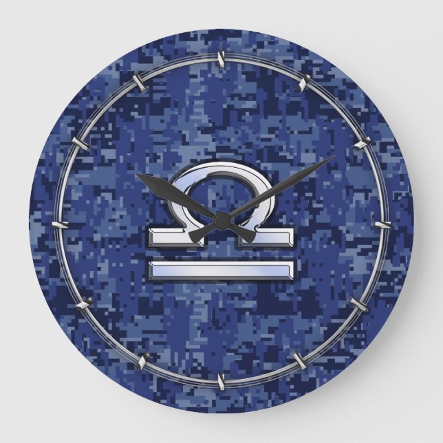 Libra Zodiac Sign auf Blue Digital Camouflage Große Wanduhr (Vorderseite)